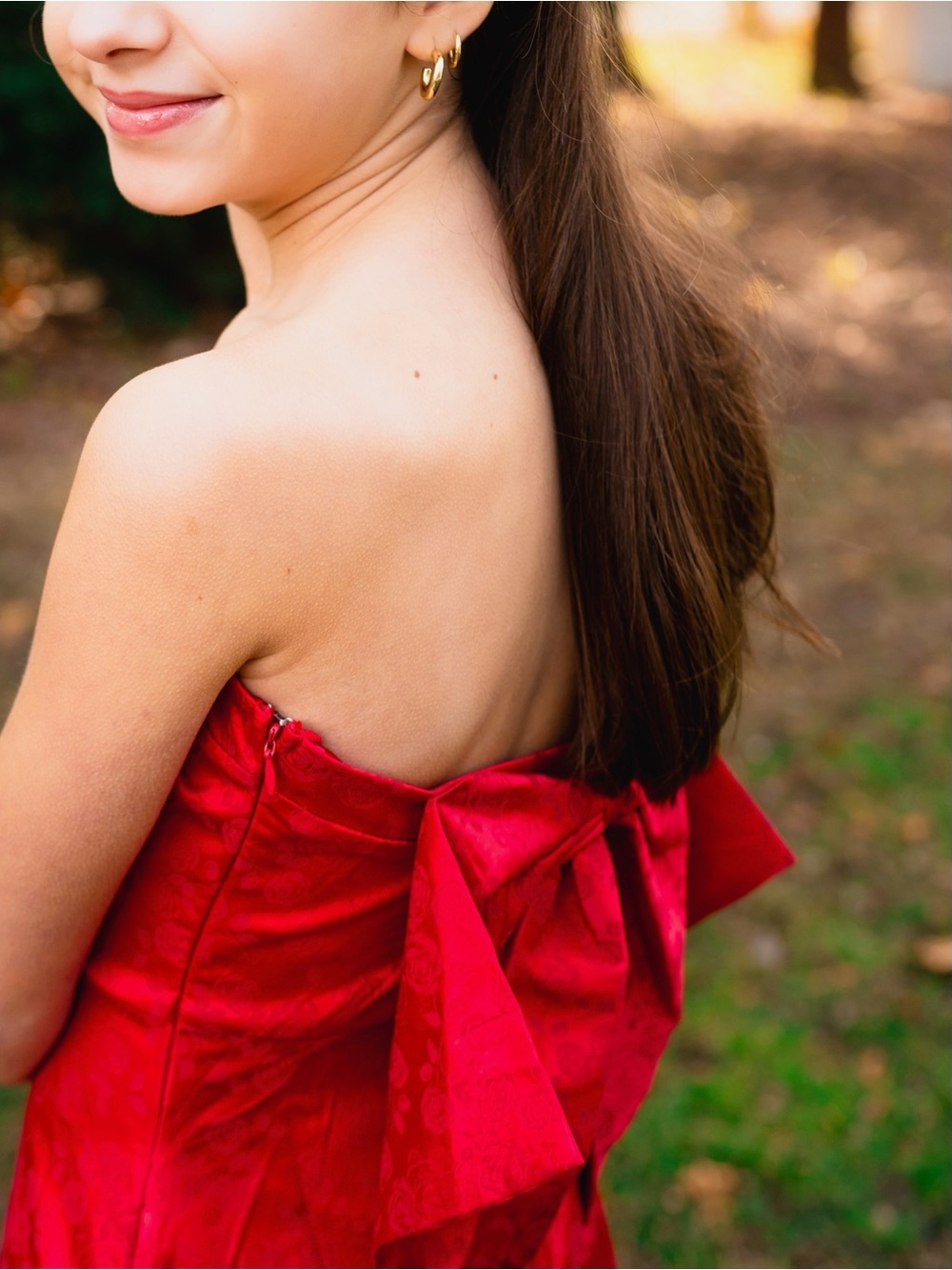 Altar’d State Red Jacquard Strapless Mini Dress with Bow Detail